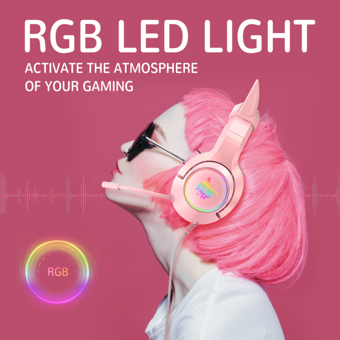 Casti gaming Onikuma K9 Proffesional, RGB Pink cat ears- removable [2]
