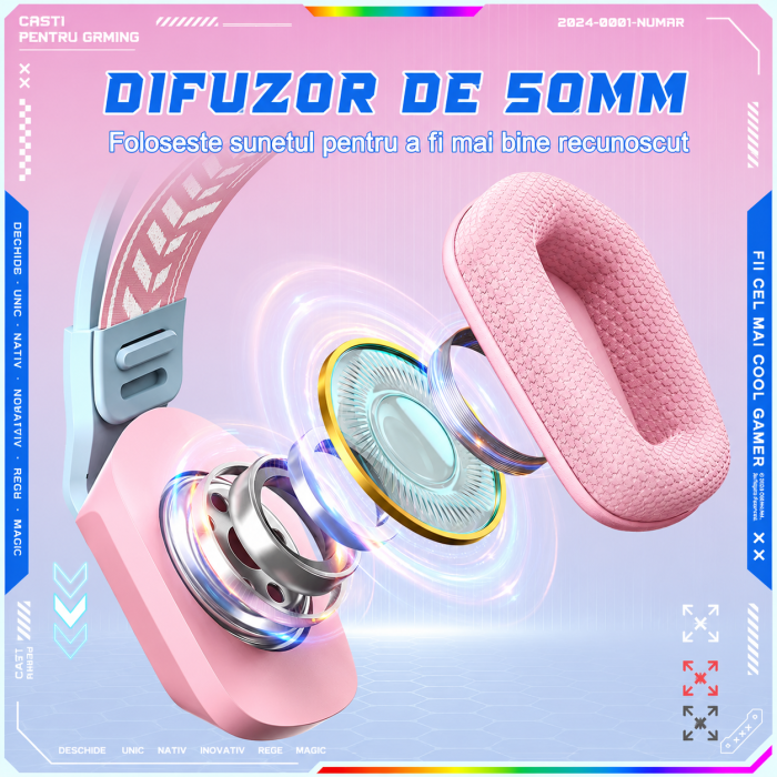 Casti Gaming Onikuma X13 Profesionale, Iluminare RGB, Microfon Noise Cancelling, Zero Ear Pressure, Multi Platform - Roz [2]