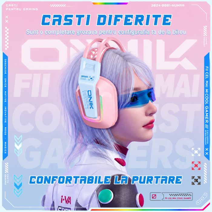 Casti Gaming Onikuma X13 Profesionale, Iluminare RGB, Microfon Noise Cancelling, Zero Ear Pressure, Multi Platform - Roz [5]