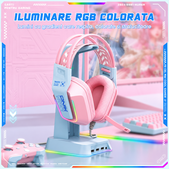 Casti Gaming Onikuma X13 Profesionale, Iluminare RGB, Microfon Noise Cancelling, Zero Ear Pressure, Multi Platform - Roz [4]
