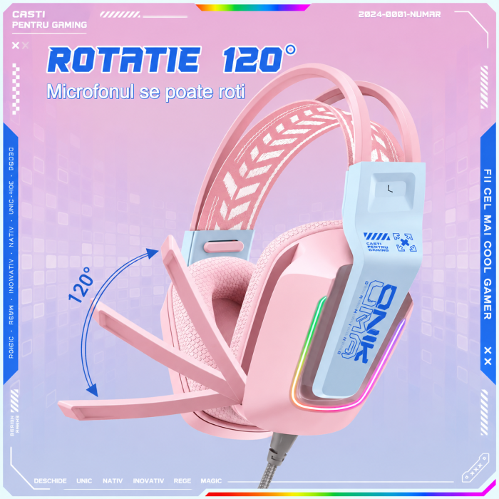 Casti Gaming Onikuma X13 Profesionale, Iluminare RGB, Microfon Noise Cancelling, Zero Ear Pressure, Multi Platform - Roz [3]
