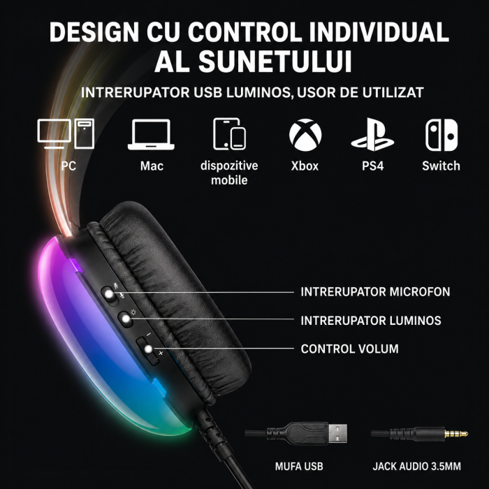 Casti Gaming Onikuma X25 Negru, RGB, Difuzoare 50 mm, Sunet Stereo 3D, Microfon cu Anulare Zgomot 360°, Memory Foam, Jack 3.5 mm + USB, Compatibile PC, PS5, PS4, Xbox, Switch, Mac [4]