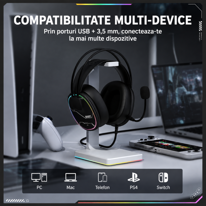 Casti Gaming ONIKUMA X91, RGB, Microfon HD cu Anulare Zgomot, Difuzoare 50 mm, USB + Jack 3.5 mm, Compatibile PC, PS4, Nintendo Switch, Telefon, Mac, Negru [5]