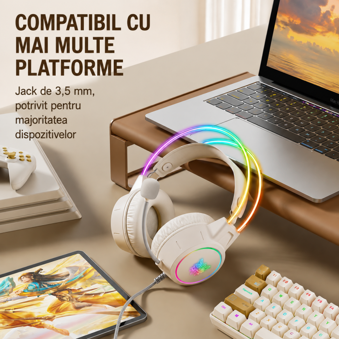 Casti Gaming ONIKUMA X15 PRO, 50MM, Microfon Noise Cancelling, Iluminare RGB, Design Ergonomic, Audio Surround Stereo, Bej [6]