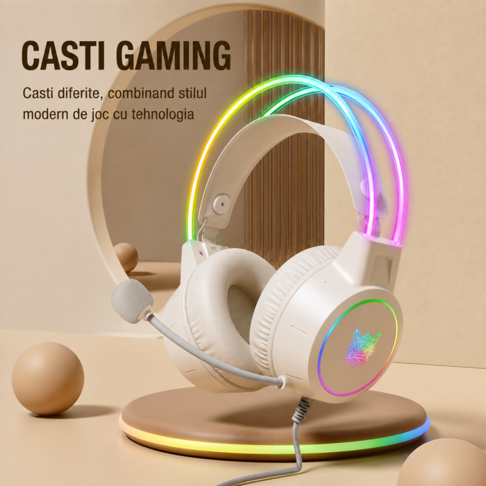 Casti Gaming ONIKUMA X15 PRO, 50MM, Microfon Noise Cancelling, Iluminare RGB, Design Ergonomic, Audio Surround Stereo, Bej [8]
