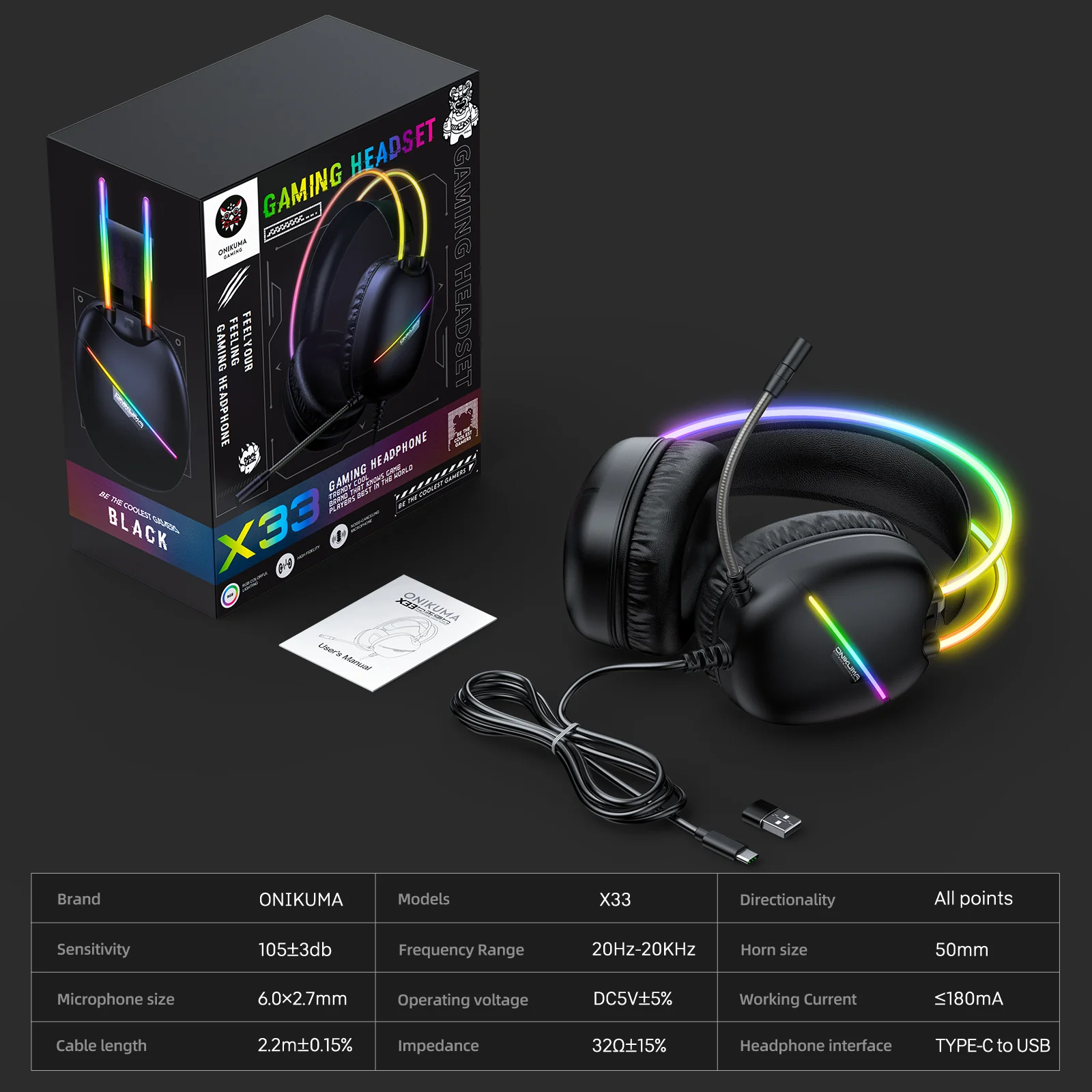 Casti Gaming Onikuma X33 Profesionale, Iluminare RGB, Microfon Noise Cancelling, Zero Ear Pressure, Multi Platform - Negru [8]