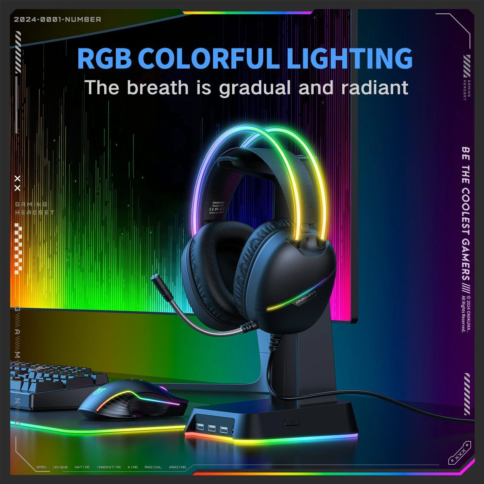 RESIGILAT Casti Gaming Onikuma X33 Profesionale, Iluminare RGB, Microfon Noise Cancelling, Zero Ear Pressure, Multi Platform - Negru [3]