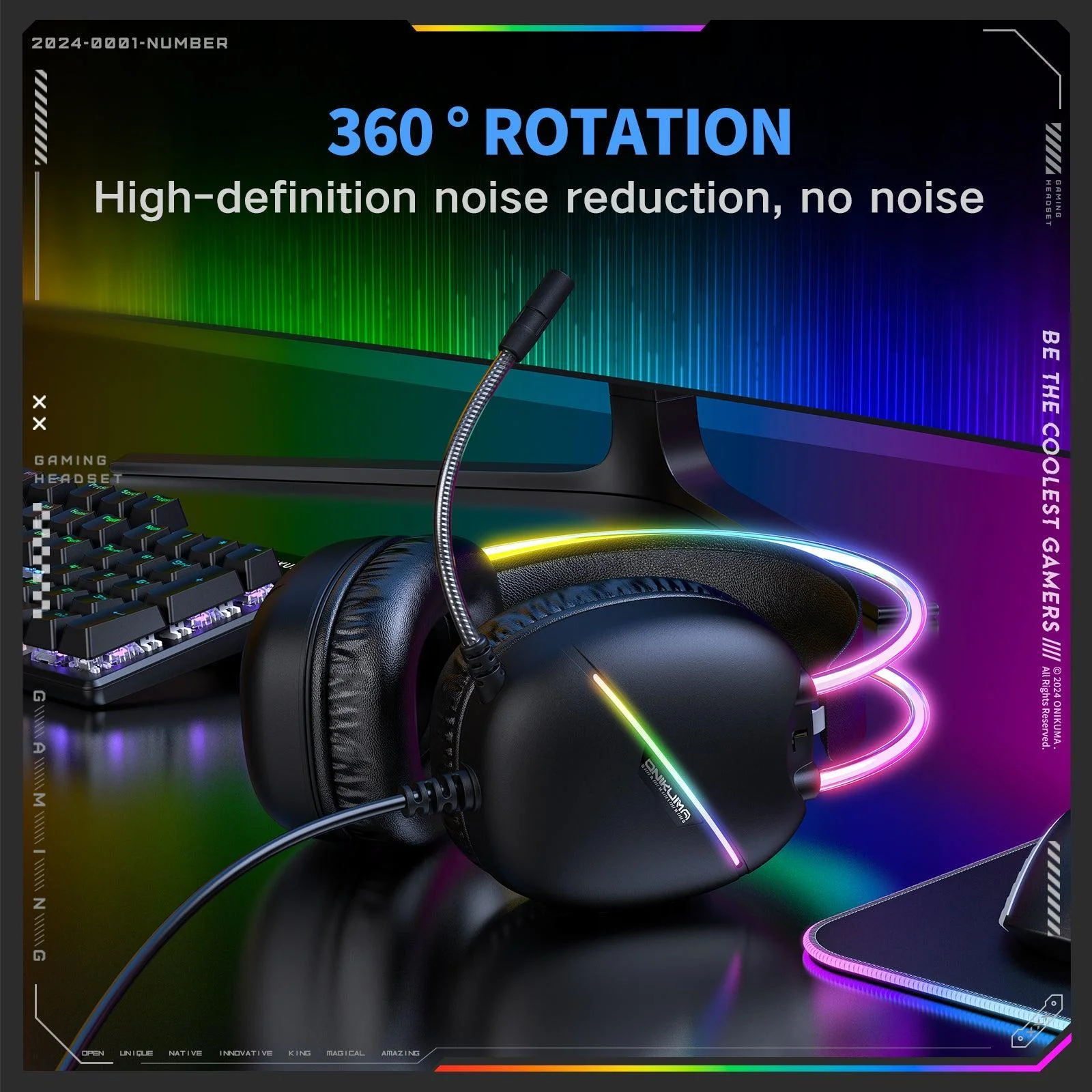Casti Gaming Onikuma X33 Profesionale, Iluminare RGB, Microfon Noise Cancelling, Zero Ear Pressure, Multi Platform - Negru [4]