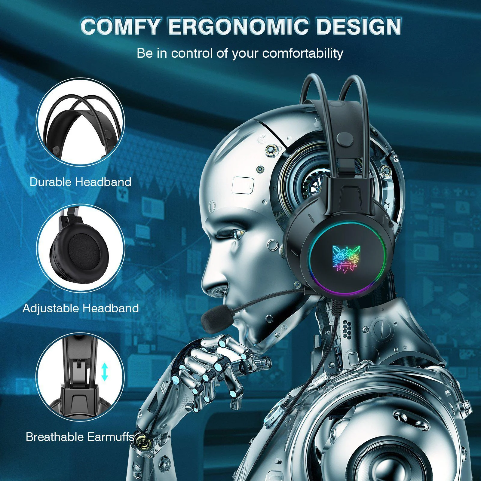 Casti Gaming ONIKUMA X15 PRO, 50MM, Microfon Noise Cancelling, Iluminare RGB, Design Ergonomic, Audio Surround Stereo, Negre [3]