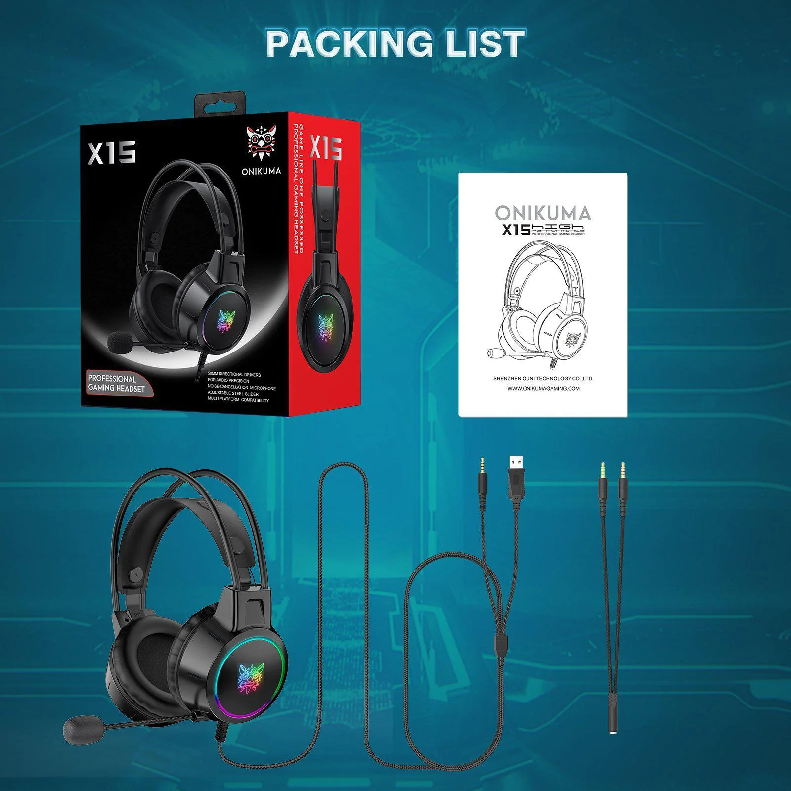 Casti Gaming ONIKUMA X15 PRO, 50MM, Microfon Noise Cancelling, Iluminare RGB, Design Ergonomic, Audio Surround Stereo, Negre [6]
