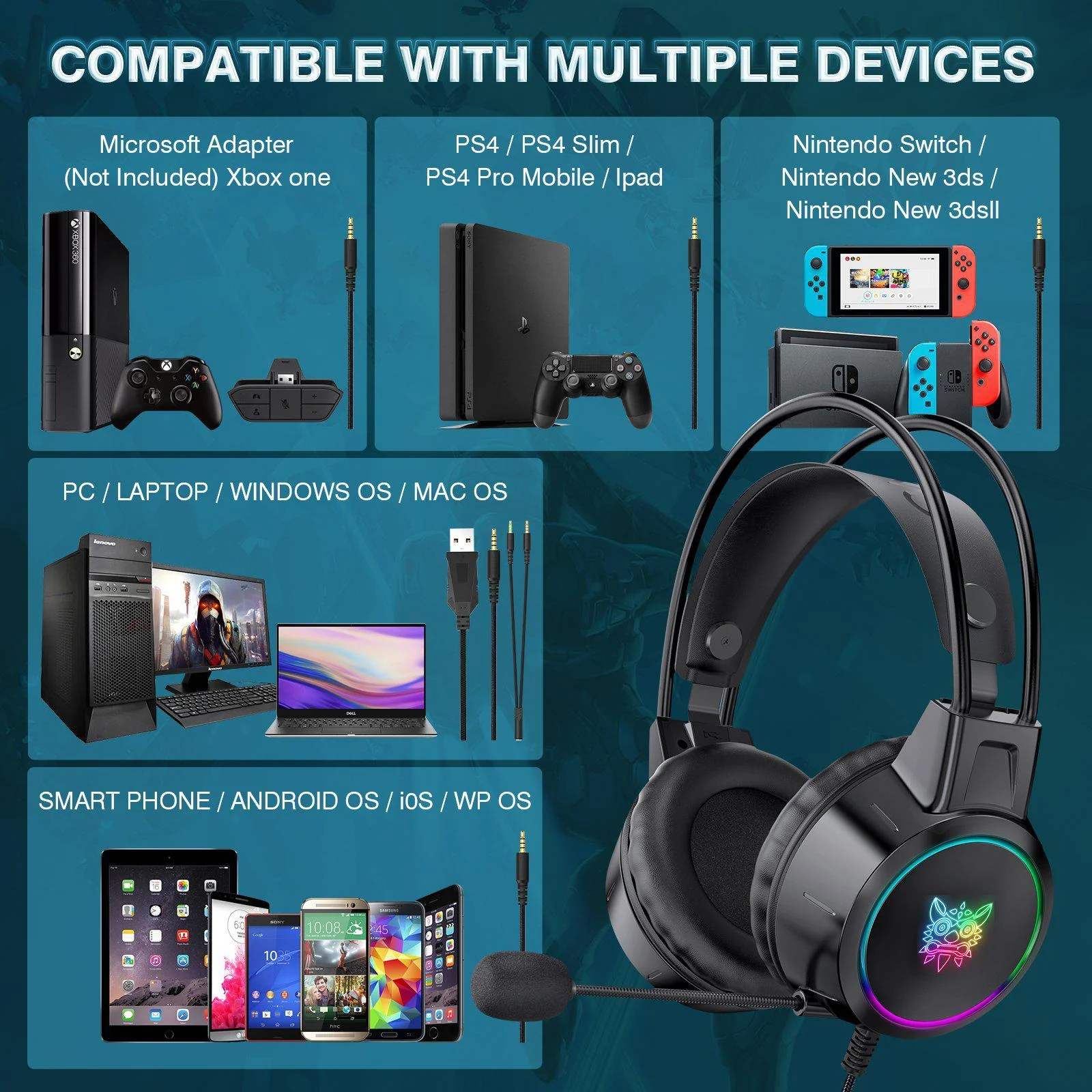 Casti Gaming ONIKUMA X15 PRO, 50MM, Microfon Noise Cancelling, Iluminare RGB, Design Ergonomic, Audio Surround Stereo, Negre [5]