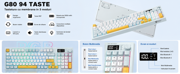 Tastatură Wireless ONIKUMA G80, 94 Taste, RGB Rainbow, Bluetooth 5.0 + 2.4GHz + USB-C, Ecran LCD, Buton Multimedia, Baterie 2000mAh, Bleu [5]