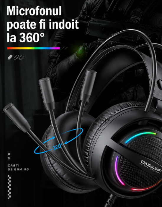 Căști Gaming ONIKUMA X88 RGB, Difuzoare 50 mm, Microfon 360° cu Anulare Zgomot, Sunet Surround Stereo, USB + Jack 3.5 mm, Compatibile PC, Laptop, PS4, PS5, Telefon, Negru [12]