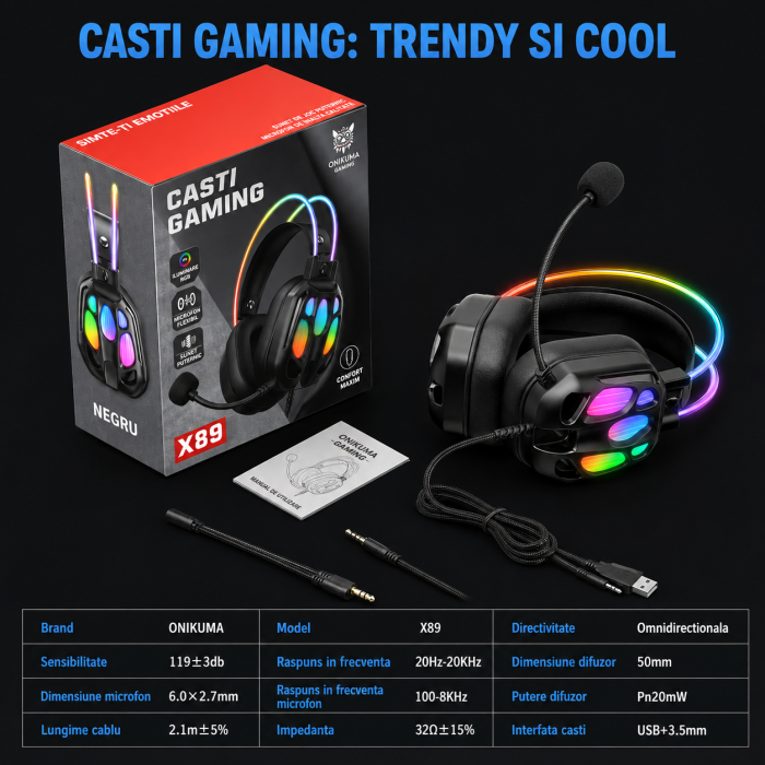 Casti Gaming RGB ONIKUMA X89 cu Microfon 360°, Difuzoare 50 mm, Iluminare RGB, Compatibile PC / PS4 / PS5 / Xbox / Laptop / Telefon, Negru [8]