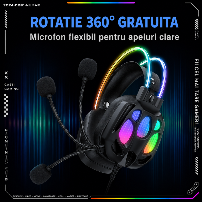Casti Gaming RGB ONIKUMA X89 cu Microfon 360°, Difuzoare 50 mm, Iluminare RGB, Compatibile PC / PS4 / PS5 / Xbox / Laptop / Telefon, Negru [4]