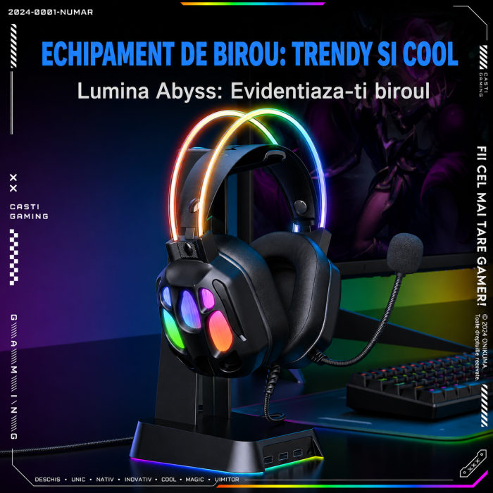 Casti Gaming RGB ONIKUMA X89 cu Microfon 360°, Difuzoare 50 mm, Iluminare RGB, Compatibile PC / PS4 / PS5 / Xbox / Laptop / Telefon, Negru [6]