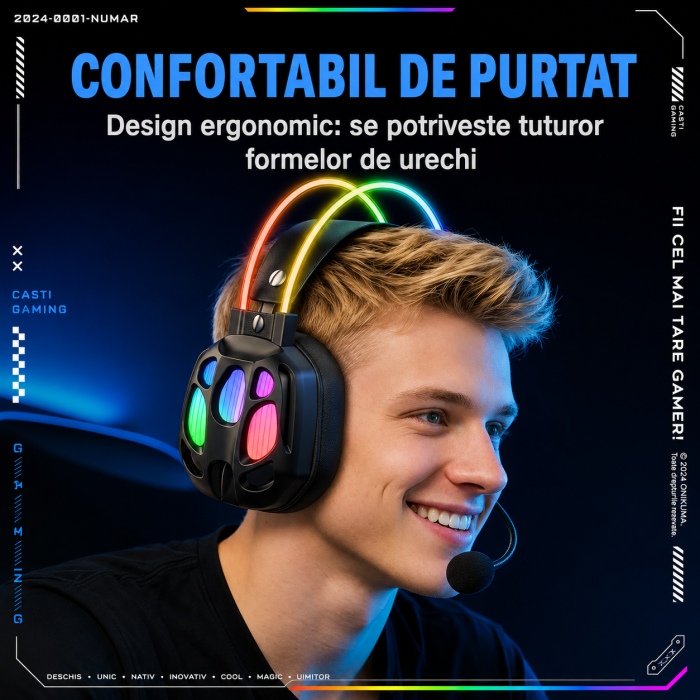 Casti Gaming RGB ONIKUMA X89 cu Microfon 360°, Difuzoare 50 mm, Iluminare RGB, Compatibile PC / PS4 / PS5 / Xbox / Laptop / Telefon, Negru [7]