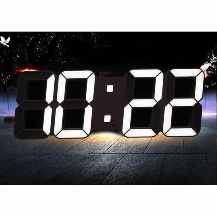 Ceas de mari dimensiuni cu termometru, alarma, alimentare la priza, negru-alb [4]
