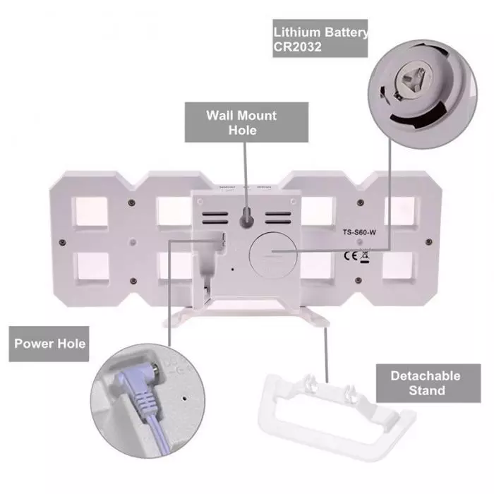 Ceas de mari dimensiuni cu termometru, alarma, alimentare la priza, negru-alb [6]