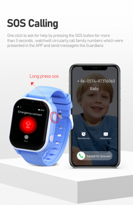 FG59 Ceas cu Android 8.1, ecran 1.85 inch pentru copii Optimus AT cu localizare prin GPS, apelare video, camera, buton SOS, perimetru, (smartwatch), blue [12]
