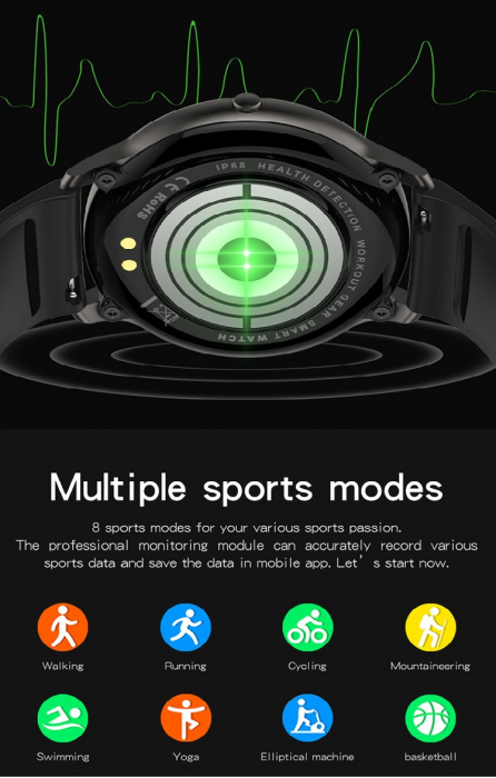 Ceas inteligent (smartwatch) LW-11 ultra subtire, IP68, ecran cu touch 1.28 inch color, moduri sport, pedometru, puls, notificari, negru [2]