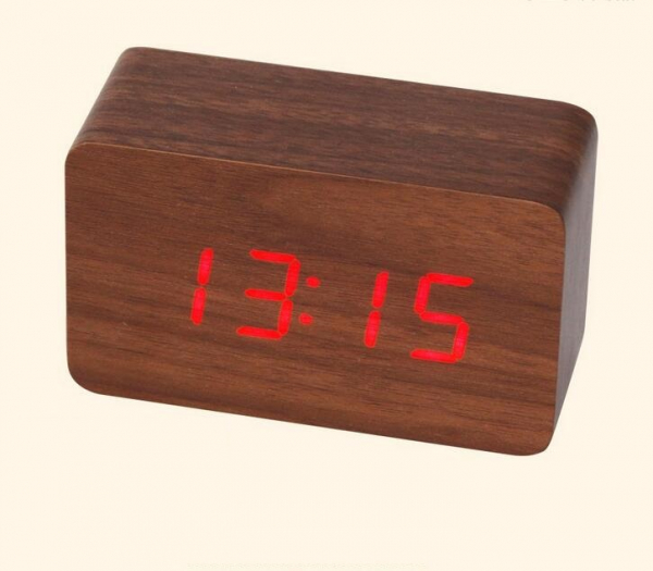 Ceas din lemn cu termometru, alarma, baterii / priza, wenge [3]