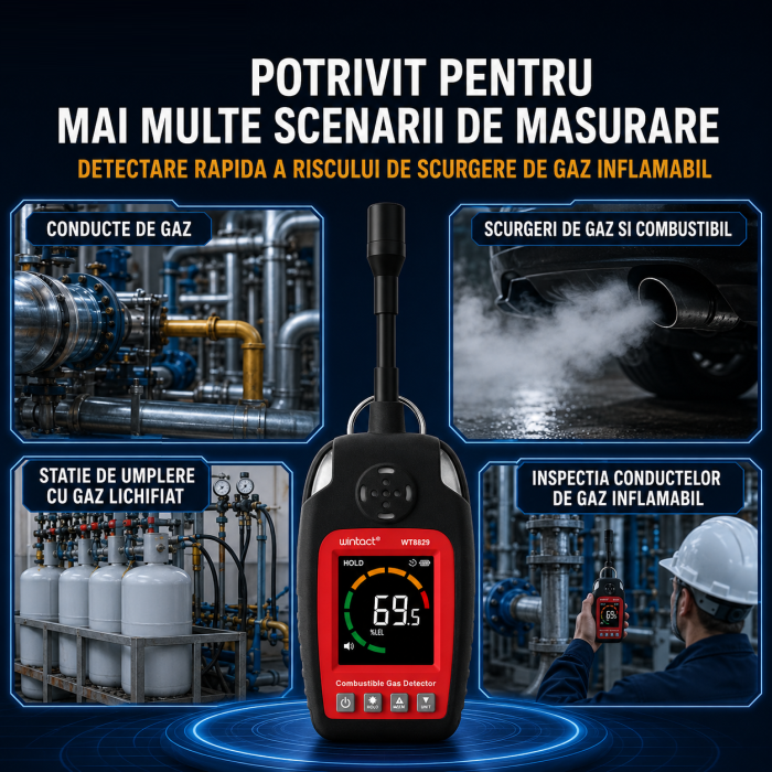 Detector scurgeri gaze combustibile Wintact WT8829, 0-100% LEL, senzor flexibil, metan, propan, butan, GPL, gaz natural, ecran LCD color, alarma sonora si vizuala [10]