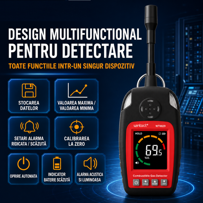 Detector scurgeri gaze combustibile Wintact WT8829, 0-100% LEL, senzor flexibil, metan, propan, butan, GPL, gaz natural, ecran LCD color, alarma sonora si vizuala [7]