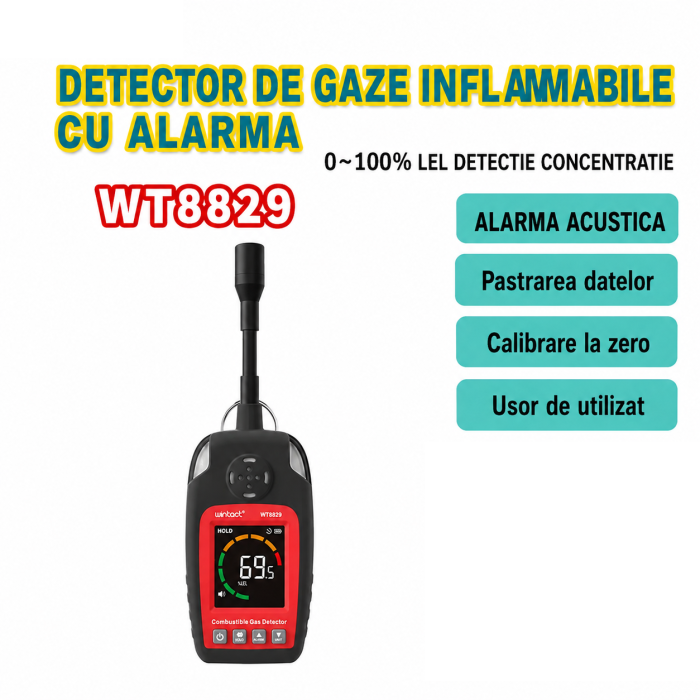Detector scurgeri gaze combustibile Wintact WT8829, 0-100% LEL, senzor flexibil, metan, propan, butan, GPL, gaz natural, ecran LCD color, alarma sonora si vizuala [2]