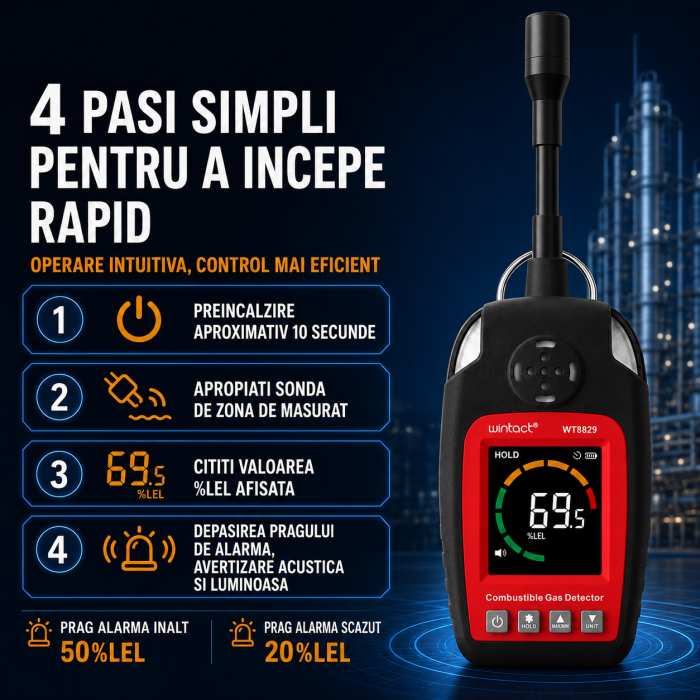 Detector scurgeri gaze combustibile Wintact WT8829, 0-100% LEL, senzor flexibil, metan, propan, butan, GPL, gaz natural, ecran LCD color, alarma sonora si vizuala [9]