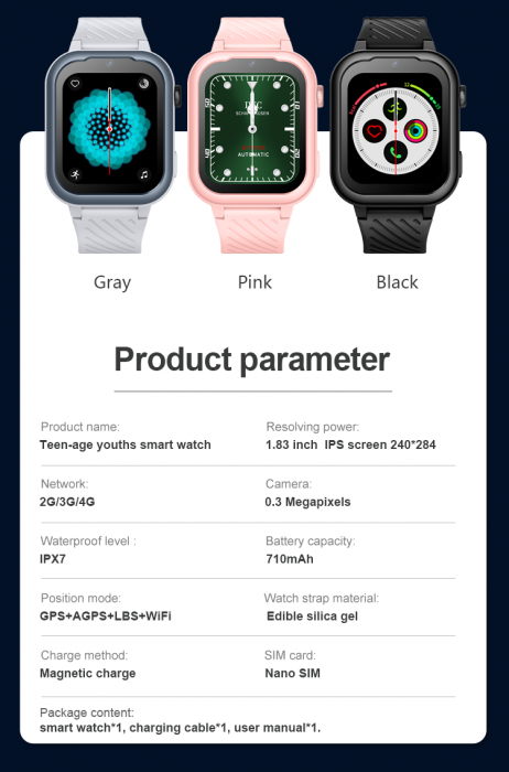 FG60 Ceas cu Android pentru copii, ecran 1.83 inch cu apelare audio, video, 4G, GPS, (smartwatch) roz [15]