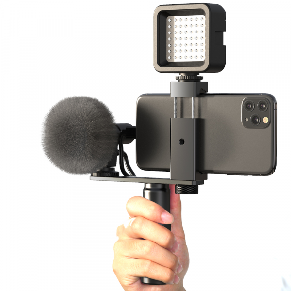 Maner Grip profesional din aluminiu cu suport telefon, pentru vlogging, cu prindere 1/4, negru [2]