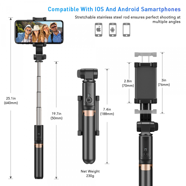 Stabilizator gimbal cu telecomanda, brat extensibil si trepied, selfie stick negru [3]