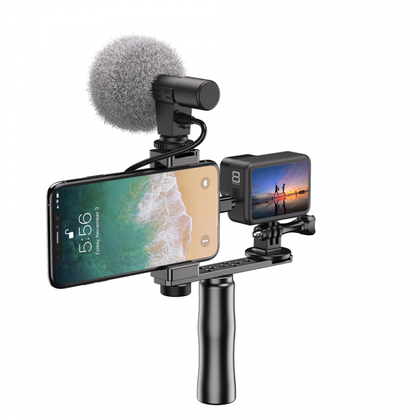 Maner Grip profesional din aluminiu cu suport telefon, pentru vlogging, cu prindere 1/4, negru [6]