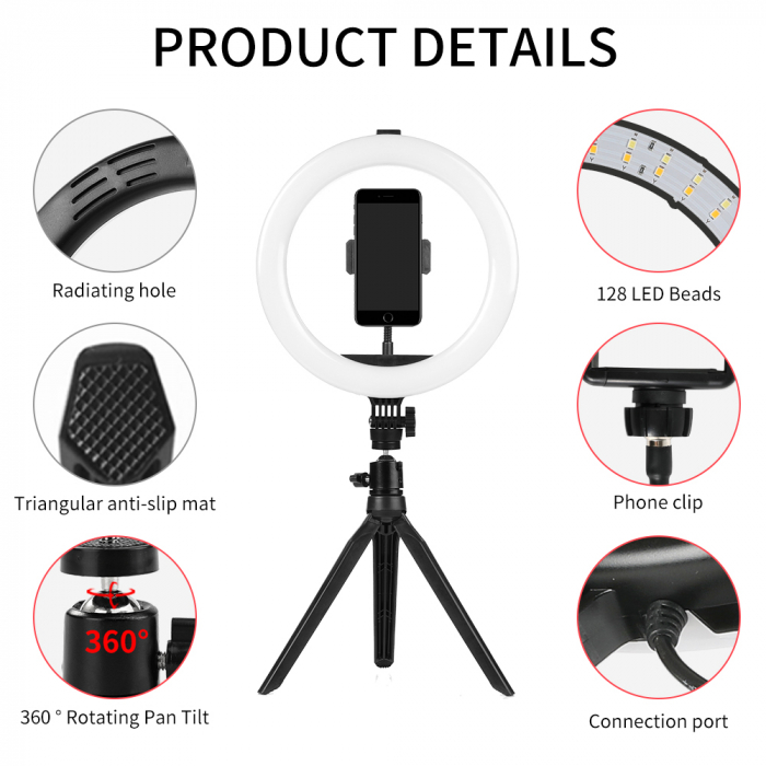 Selfie ring de birou, cu lampa de 10 inch, trepied 19 cm [5]