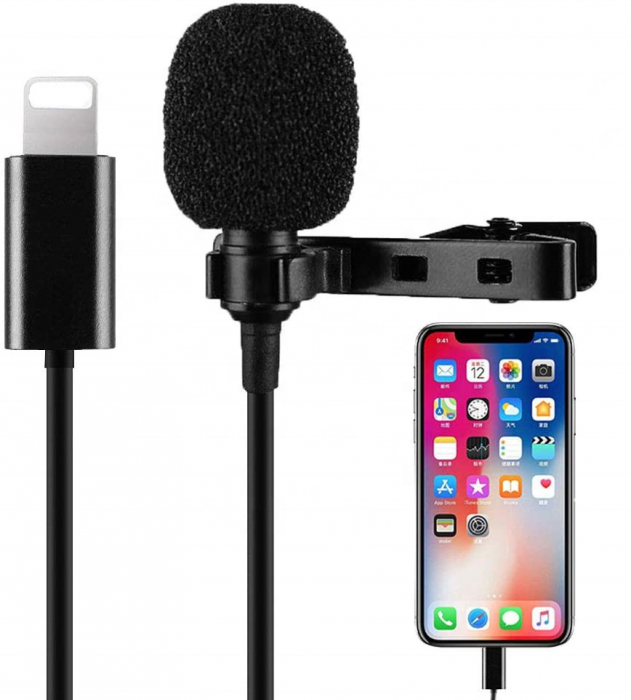 Microfon tip lavaliera cu mufa Lightning (Apple iPhone) si jack 3.5mm, directional, cu atenuator zgomotor de fundal [1]