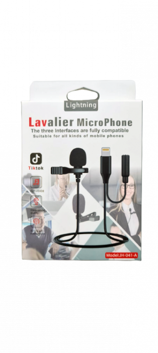 Microfon tip lavaliera cu mufa Lightning (Apple iPhone) si jack 3.5mm, directional, cu atenuator zgomotor de fundal [12]