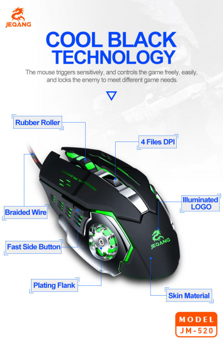 Mouse Gaming cu baza metalica, JM-520, 6 butoane, RGB, DPI reglabil, negru [8]