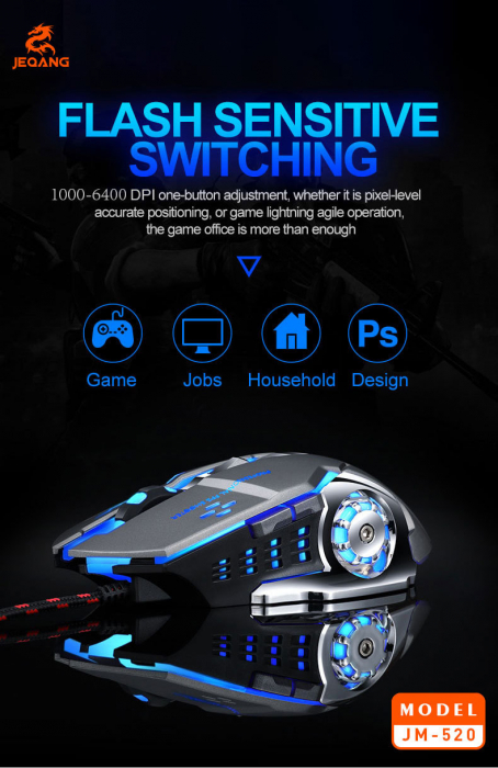 Mouse Gaming cu baza metalica, JM-520, 6 butoane, RGB, DPI reglabil, negru [10]