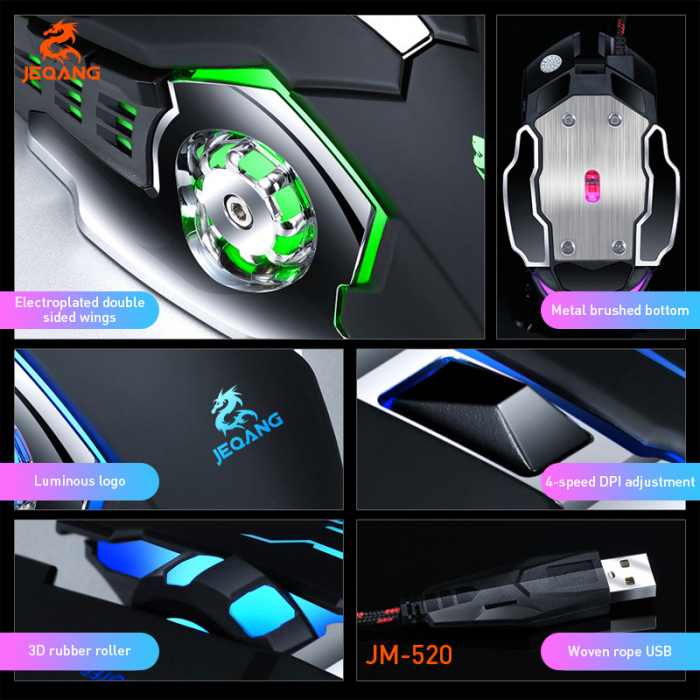 Mouse Gaming cu baza metalica, JM-520, 6 butoane, RGB, DPI reglabil, negru [4]