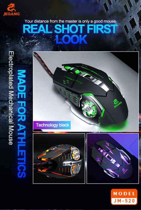 Mouse Gaming cu baza metalica, JM-520, 6 butoane, RGB, DPI reglabil, negru [7]