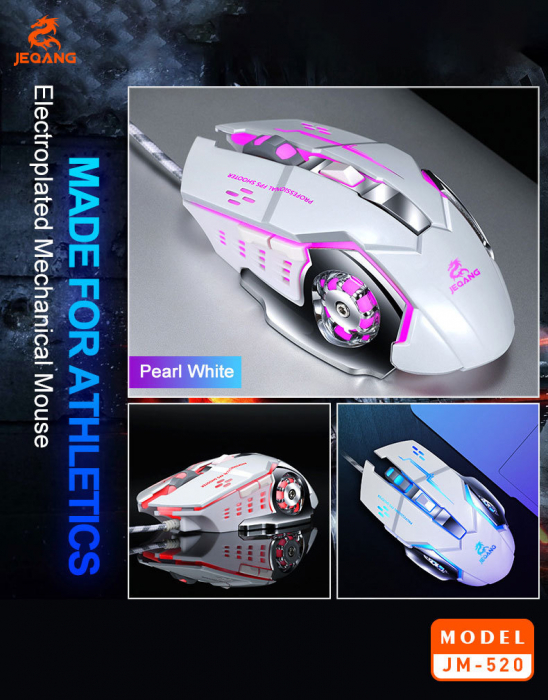 Mouse Gaming cu baza metalica, JM-520, 6 butoane, RGB, DPI reglabil, alb lucios [2]