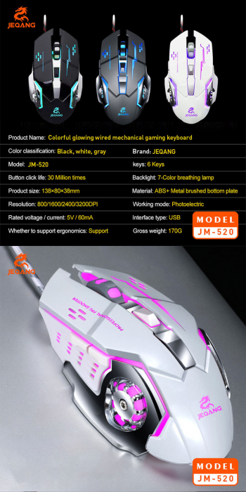 Mouse Gaming cu baza metalica, JM-520, 6 butoane, RGB, DPI reglabil, alb lucios [3]