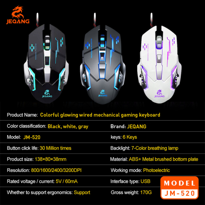 Mouse Gaming cu baza metalica, JM-520, 6 butoane, RGB, DPI reglabil, alb lucios [5]