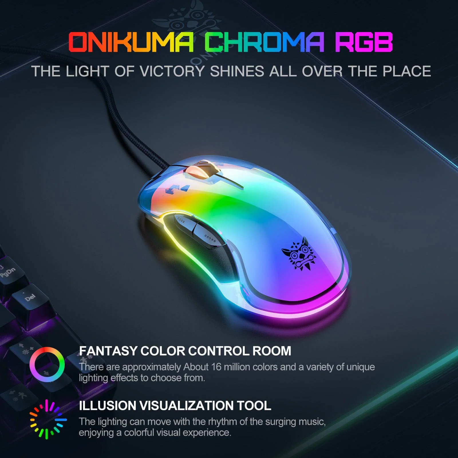 Mouse Gaming Onikuma 925, pe fir, 800-12800 dpi, LED RGB, transparent - negru [3]