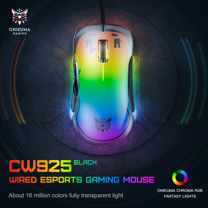 Mouse Gaming Onikuma 925, pe fir, 800-12800 dpi, LED RGB, transparent - negru [2]