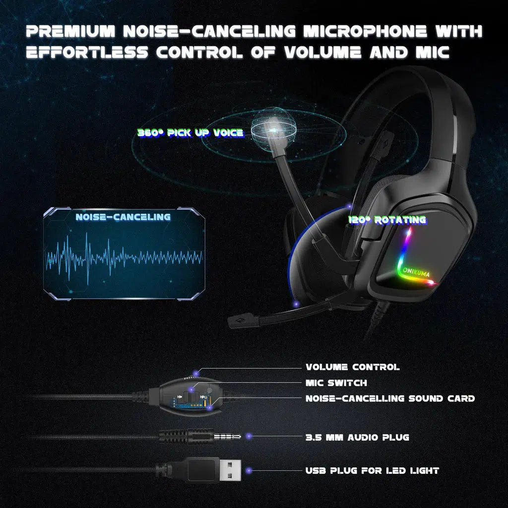 Casti Gaming Onikuma K20 Profesionale, Iluminare RGB, Microfon Noise Cancelling, Zero Ear Pressure, Multi Platform - Negru [8]