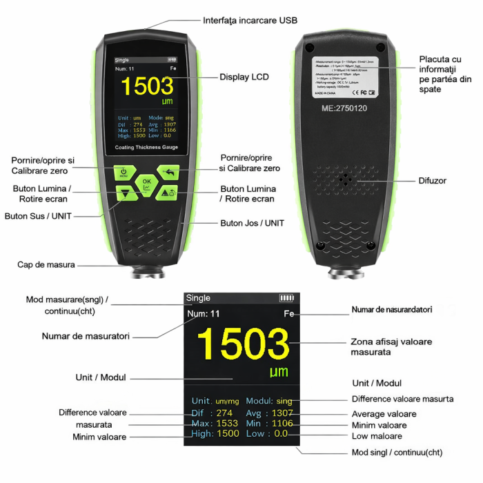 Tester vopsea auto profesional 860, aparat masurare grosime strat vopsea, detector revopsire, feroase, neferoase, 0–1300 μm, ecran color – Optimus AT [5]