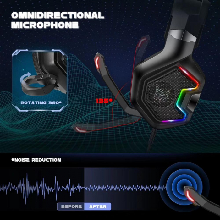 Casti Gaming Oni Kuma K10 duo, Iluminare RGB, Surround Sound 7.1, Microfon Noise Cancelling, Zero Ear Pressure - Negru [4]
