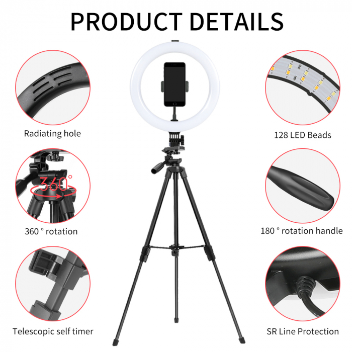 Set selfie ring 10 inch, trepied telescopic 136cm, suport telefon [5]